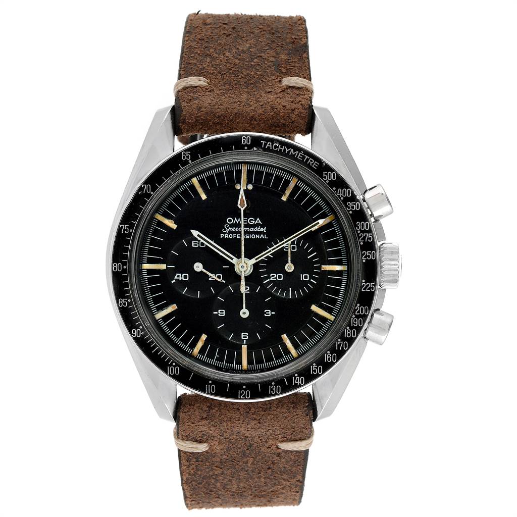The Omega Speedmaster 145.012 Men's Stainless Steel Black Dial 145.012 Men's Stainless Steel Black Dial watch is shown from the front, displaying a brown leather strap, black dial, and tachymeter bezel.