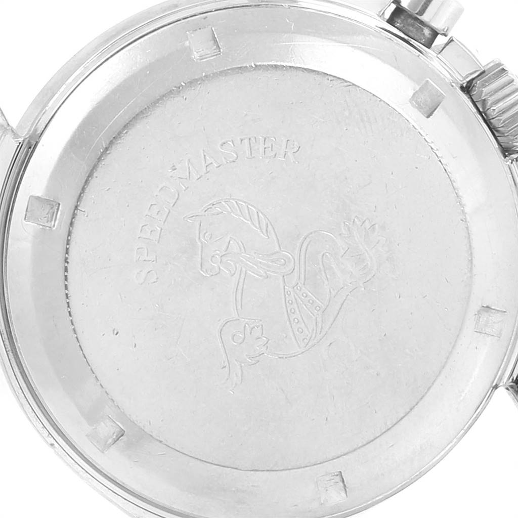 This image shows the case back of an Omega Speedmaster 105.012 Men's Stainless Steel Black Dial 105.012 Men's Stainless Steel Black Dial watch featuring an etched design and the model name.