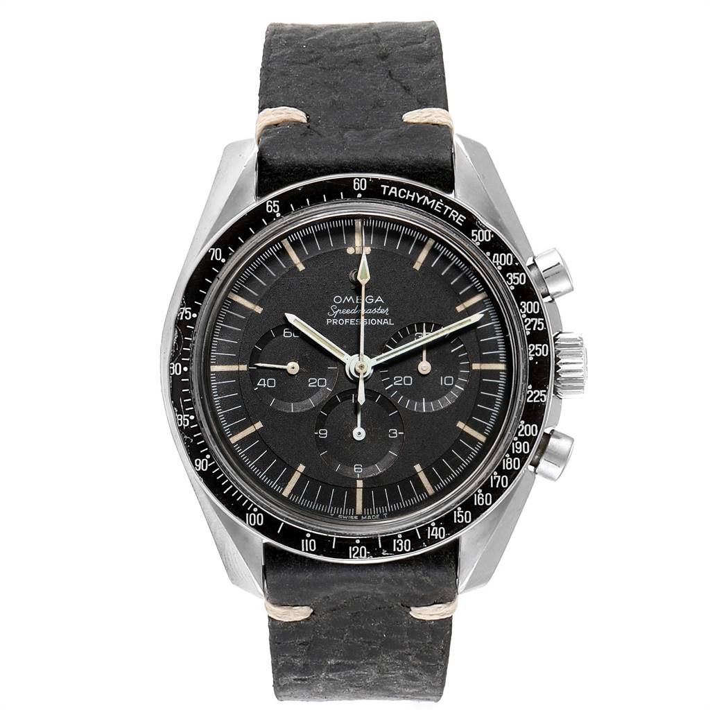 The Omega Speedmaster 105.012 Men's Stainless Steel Black Dial 105.012 Men's Stainless Steel Black Dial watch is shown from a front angle, displaying the dial, bezel, and leather strap.