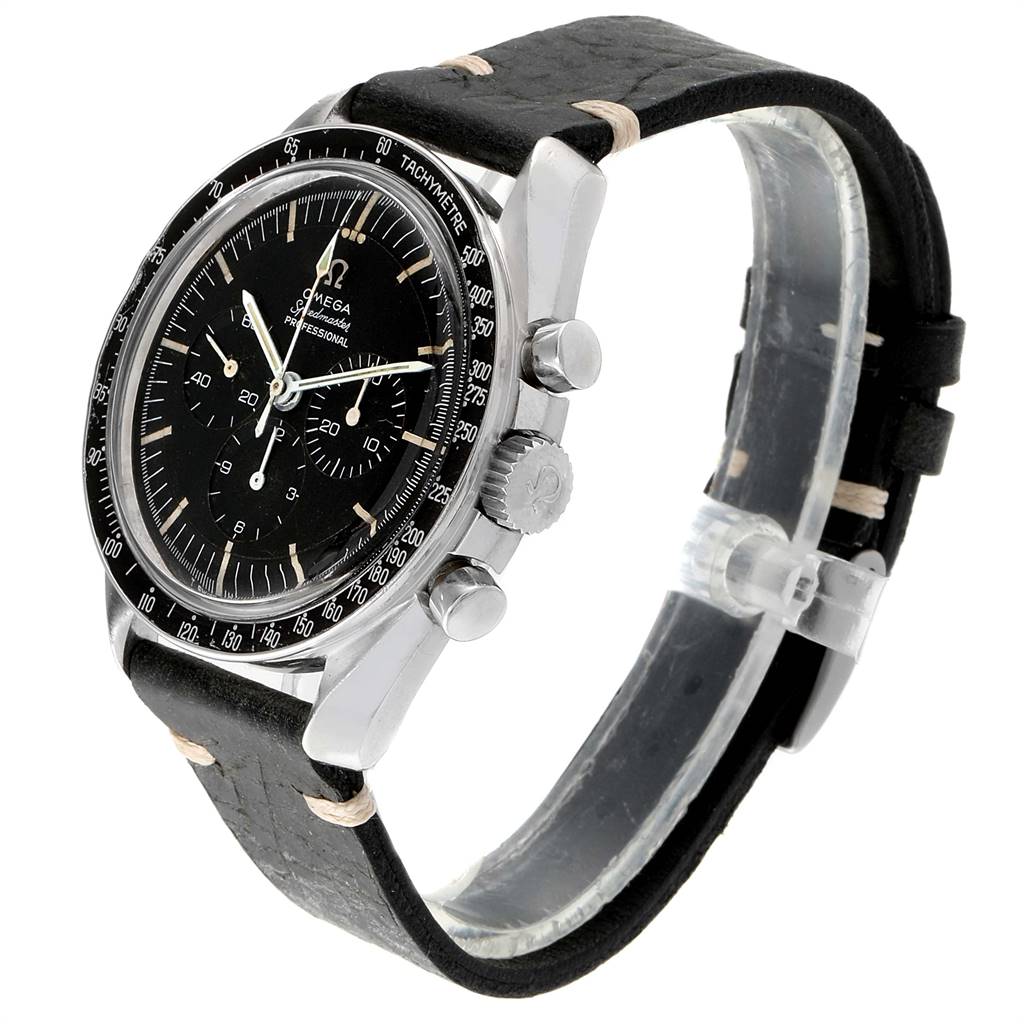 This image shows an Omega Speedmaster 105.012 Men's Stainless Steel Black Dial 105.012 Men's Stainless Steel Black Dial watch at a slight angle, highlighting its black dial, bezel, chronograph pusher, and black leather strap.