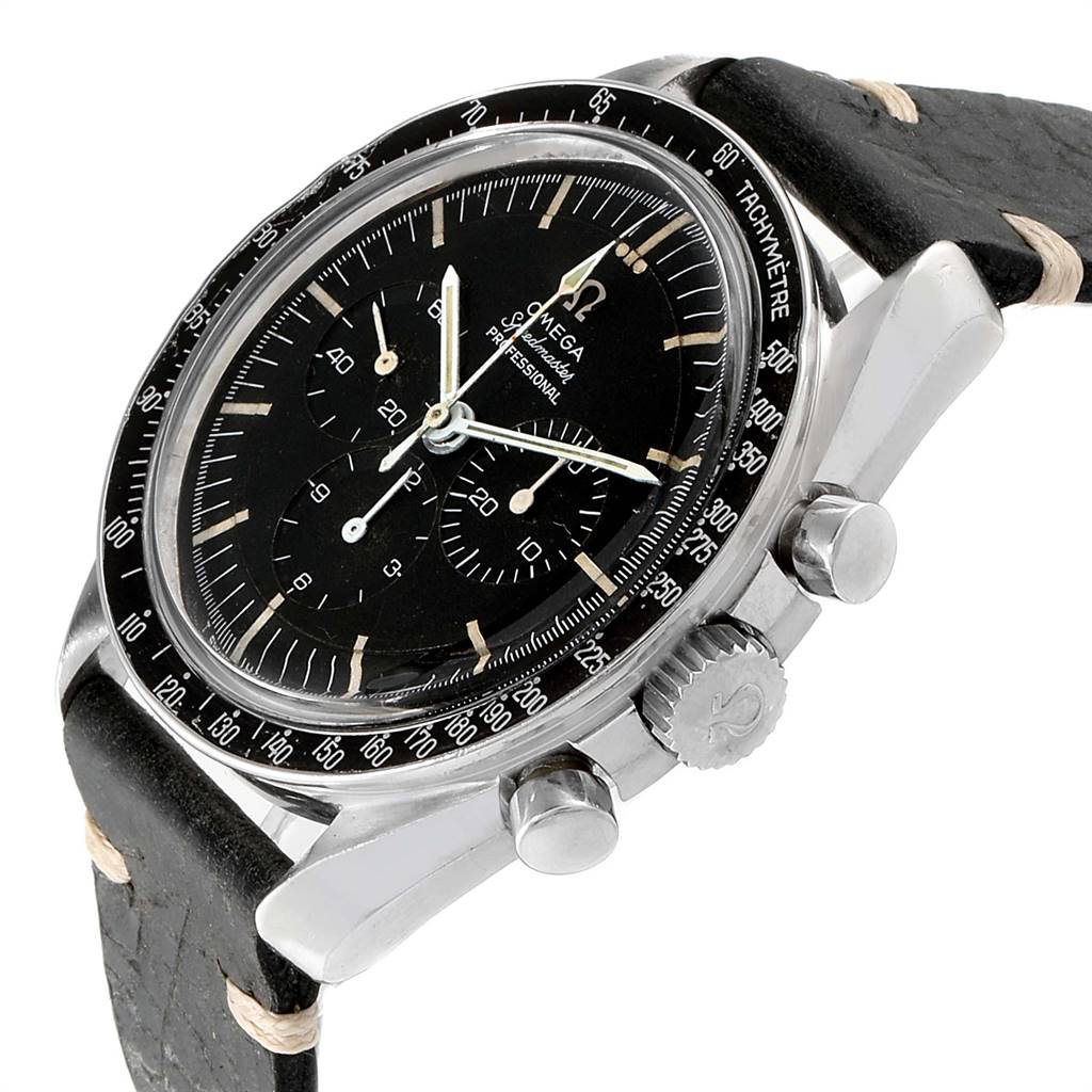 The Omega Speedmaster 105.012 Men's Stainless Steel Black Dial 105.012 Men's Stainless Steel Black Dial watch is shown at an angle highlighting the black dial, tachymeter bezel, chronograph subdials, and pushers.