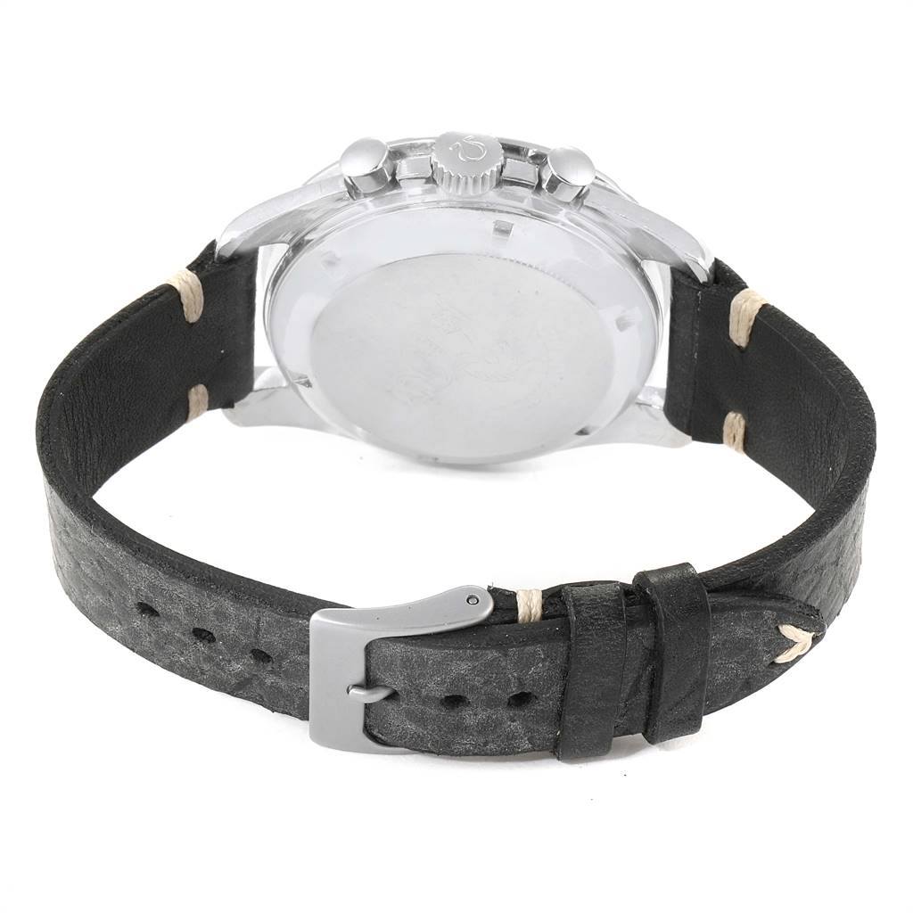 The image shows the back view of an Omega Speedmaster 105.012 Men's Stainless Steel Black Dial 105.012 Men's Stainless Steel Black Dial watch, highlighting its caseback, crown, and black leather strap with a buckle.