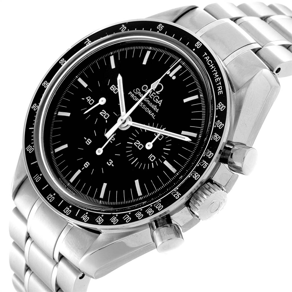 The Omega Speedmaster 3570.50.00 Men
s Stainless Steel Black Dial 3570.50.00 Men
s Stainless Steel Black Dial watch is shown at a slight angle displaying the face, bezel, crown, and part of the stainless steel bracelet.