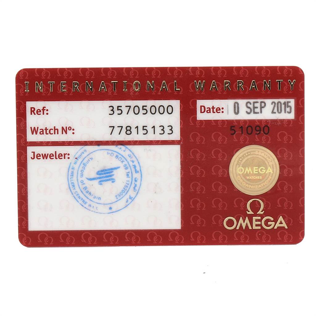 The image shows an Omega Speedmaster 3570.50.00 Men
s Stainless Steel Black Dial 3570.50.00 Men
s Stainless Steel Black Dial
s International Warranty card with reference and watch numbers, and the jeweler
s stamp.