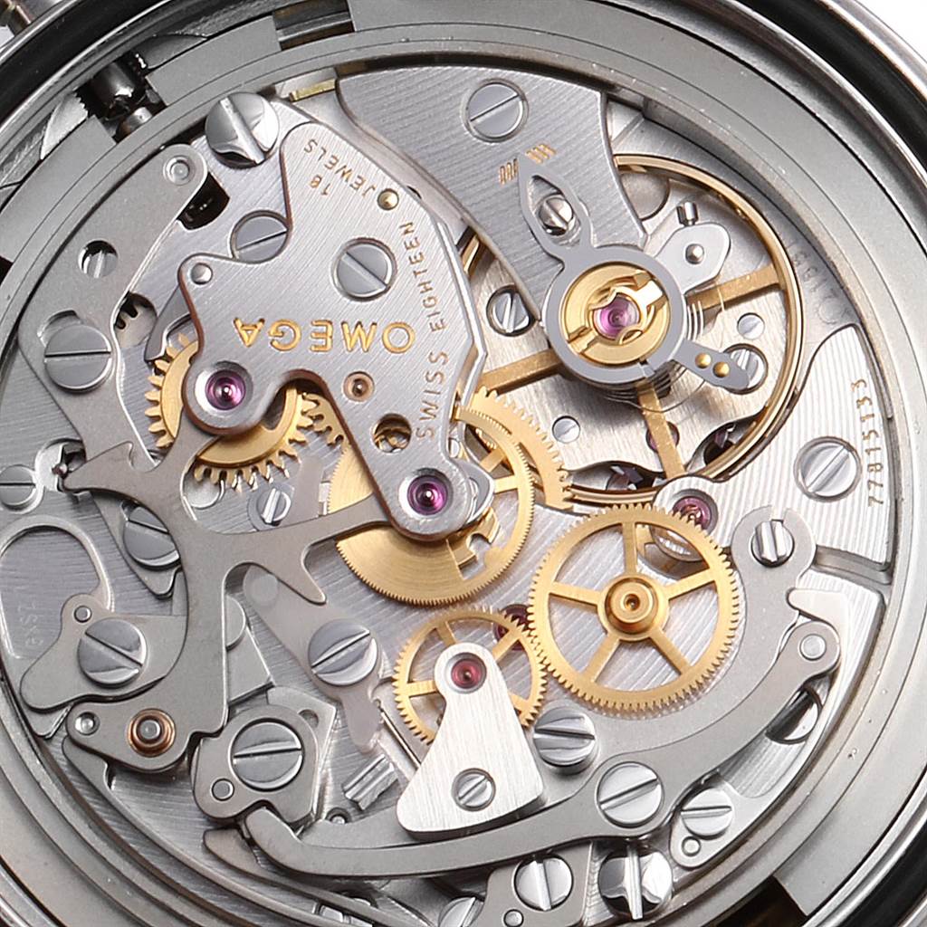 This close-up shows the intricate internal mechanics of the Omega Speedmaster 3570.50.00 Men
s Stainless Steel Black Dial 3570.50.00 Men
s Stainless Steel Black Dial watch, focusing on the gears and movement components.