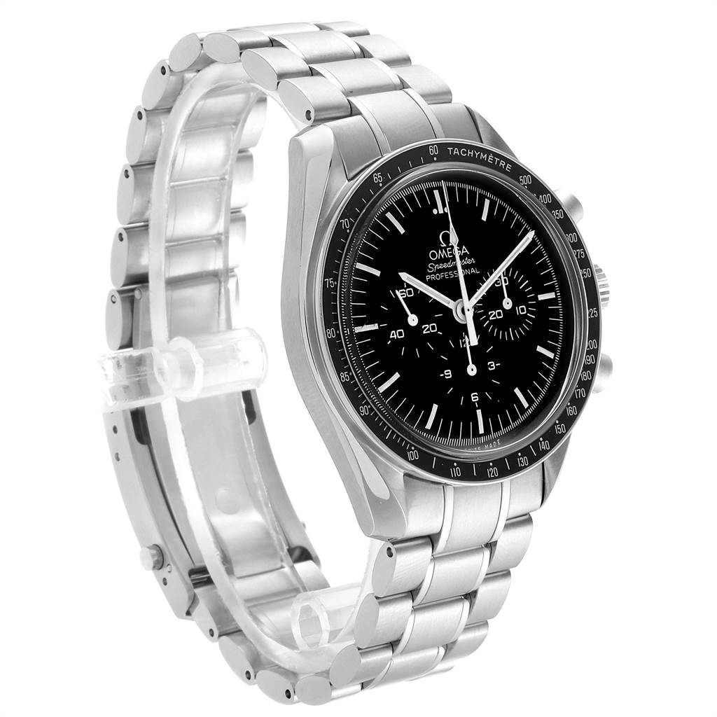 The Omega Speedmaster 3570.50.00 Men
s Stainless Steel Black Dial 3570.50.00 Men
s Stainless Steel Black Dial watch is shown at a three-quarter angle, displaying the face, bezel, and bracelet.