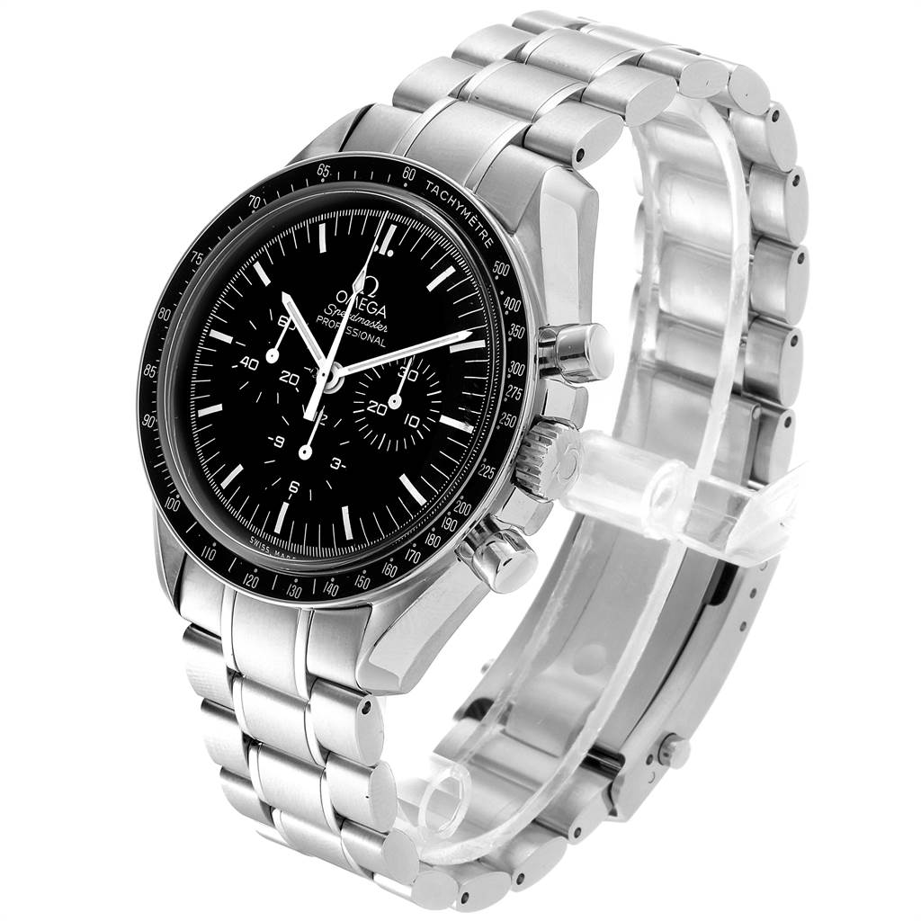 The Omega Speedmaster 3570.50.00 Men
s Stainless Steel Black Dial 3570.50.00 Men
s Stainless Steel Black Dial watch is shown at an angle with its stainless steel bracelet and tachymeter bezel visible.