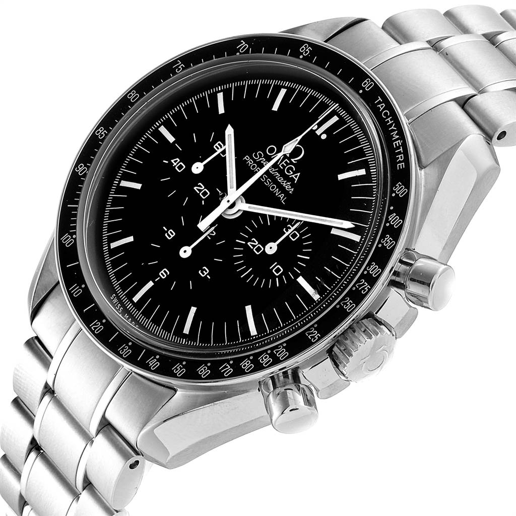 This Omega Speedmaster 3570.50.00 Men
s Stainless Steel Black Dial 3570.50.00 Men
s Stainless Steel Black Dial watch is shown at an angled close-up, displaying its dial, tachymeter bezel, and stainless steel bracelet.