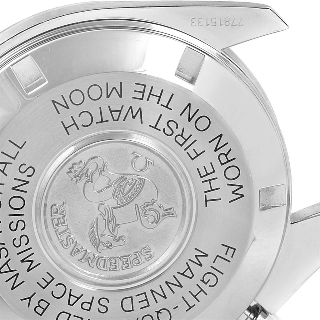 The image shows the back case of an Omega Speedmaster 3570.50.00 Men
s Stainless Steel Black Dial 3570.50.00 Men
s Stainless Steel Black Dial watch, highlighting its engraved text and logo.