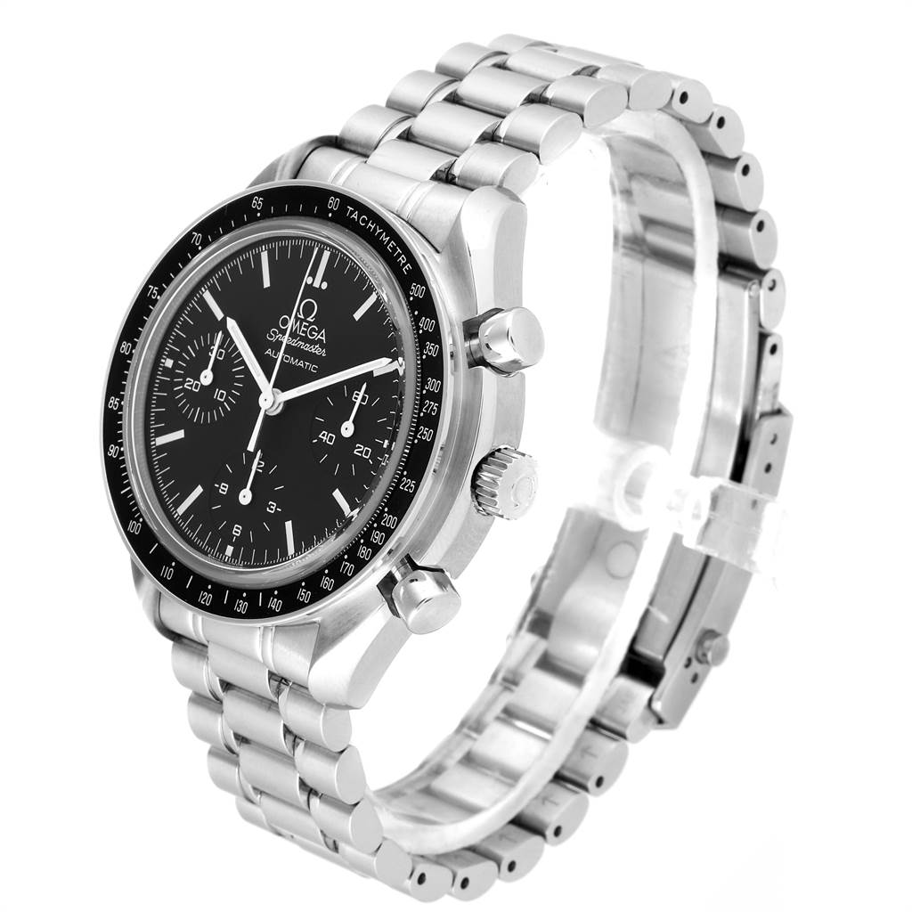 The image shows an Omega Speedmaster 3539.50.00 Men
s Stainless Steel Black Dial 3539.50.00 Men
s Stainless Steel Black Dial watch at a three-quarter angle, highlighting the dial, bezel, crown, pushers, and metal bracelet.
