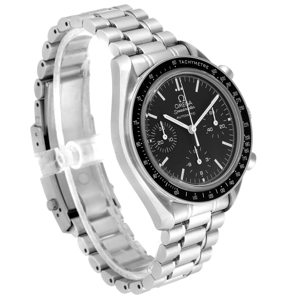 This image shows an Omega Speedmaster 3539.50.00 Men
s Stainless Steel Black Dial 3539.50.00 Men
s Stainless Steel Black Dial watch from a three-quarter angle, highlighting the face, bezel, and stainless steel bracelet.