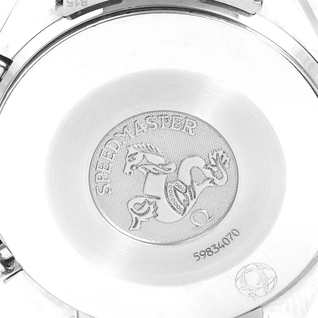 This image shows the engraved case back of an Omega Speedmaster 3539.50.00 Men
s Stainless Steel Black Dial 3539.50.00 Men
s Stainless Steel Black Dial watch, viewed from the rear angle.