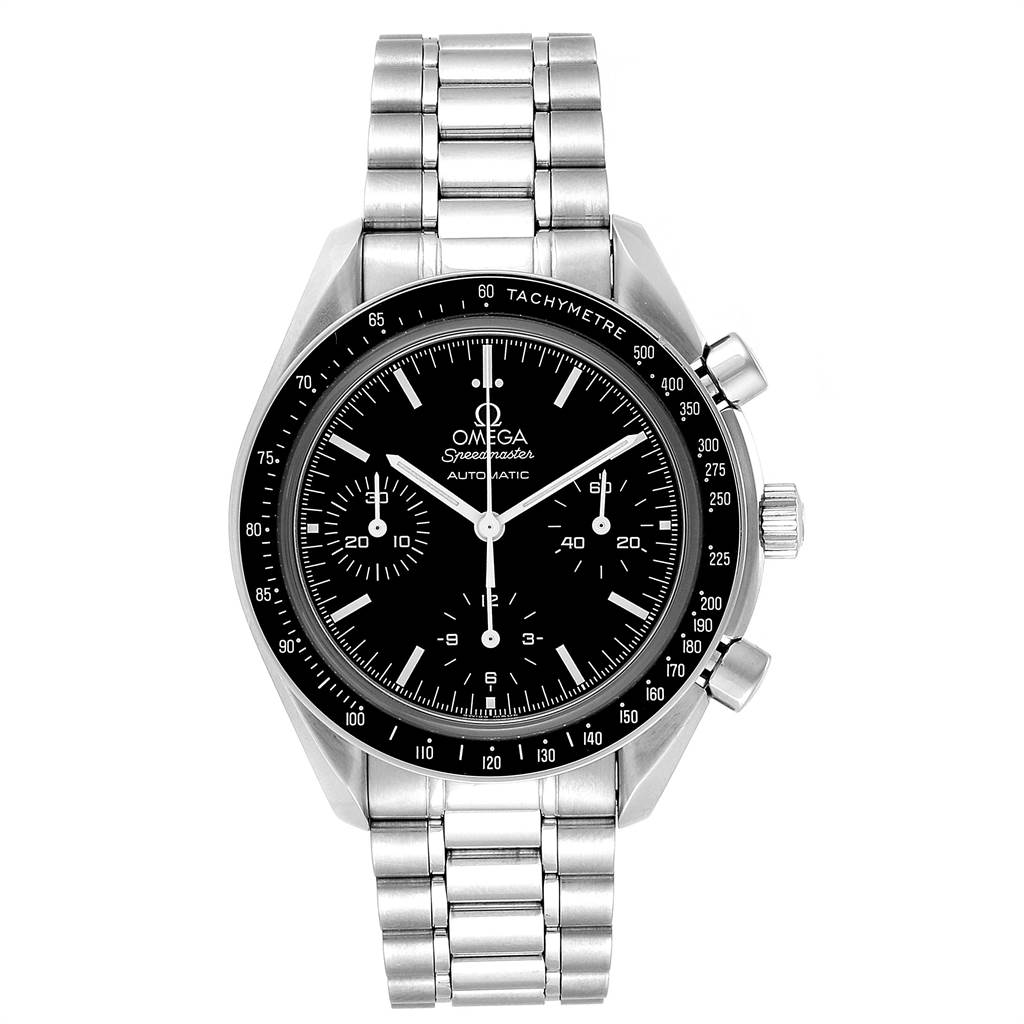 The image shows a front view of an Omega Speedmaster 3539.50.00 Men
s Stainless Steel Black Dial 3539.50.00 Men
s Stainless Steel Black Dial watch, highlighting its face, bezel, and bracelet.