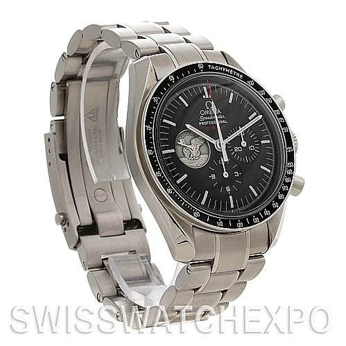 The image shows an Omega Speedmaster 311.   30.   42.   30.   01.   002 Men
s Stainless Steel Black Dial 311.   30.   42.   30.   01.   002 Men
s Stainless Steel Black Dial watch at a three-quarter angle, highlighting the face, bezel, and part of the bracelet.