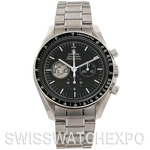 The image shows a frontal view of an Omega Speedmaster 311.   30.   42.   30.   01.   002 Men
s Stainless Steel Black Dial 311.   30.   42.   30.   01.   002 Men
s Stainless Steel Black Dial watch, displaying the face, bezel, and metal bracelet.