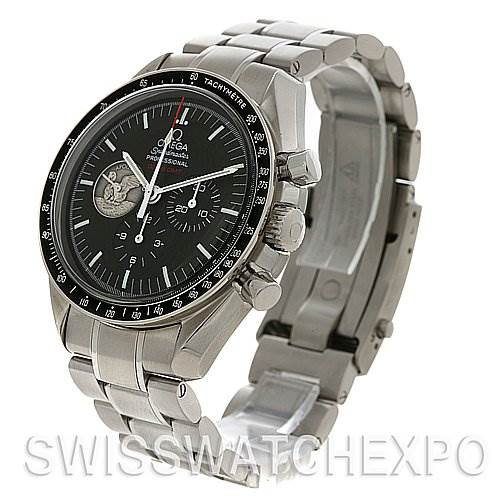 The Omega Speedmaster 311.   30.   42.   30.   01.   002 Men
s Stainless Steel Black Dial 311.   30.   42.   30.   01.   002 Men
s Stainless Steel Black Dial watch is shown at an angle highlighting its black dial, chronograph features, and metallic bracelet.