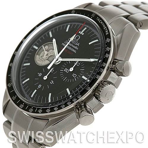The image shows an angled view of the Omega Speedmaster 311.   30.   42.   30.   01.   002 Men
s Stainless Steel Black Dial 311.   30.   42.   30.   01.   002 Men
s Stainless Steel Black Dial watch, highlighting the bezel, crown, pushers, and part of the bracelet.