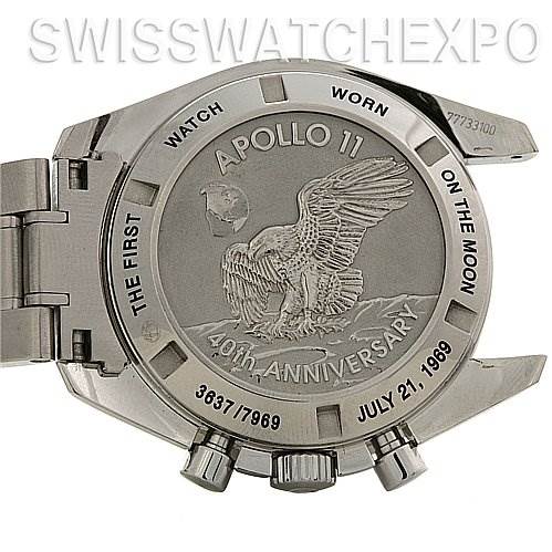 The image shows the back case of an Omega Speedmaster 311.   30.   42.   30.   01.   002 Men
s Stainless Steel Black Dial 311.   30.   42.   30.   01.   002 Men
s Stainless Steel Black Dial watch, featuring an engraving commemorating the Apollo 11 40th anniversary.