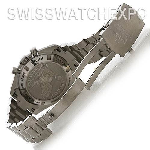 The image shows the Omega Speedmaster 311.   30.   42.   30.   01.   002 Men
s Stainless Steel Black Dial 311.   30.   42.   30.   01.   002 Men
s Stainless Steel Black Dial watch from the back, highlighting its bracelet and closed clasp.