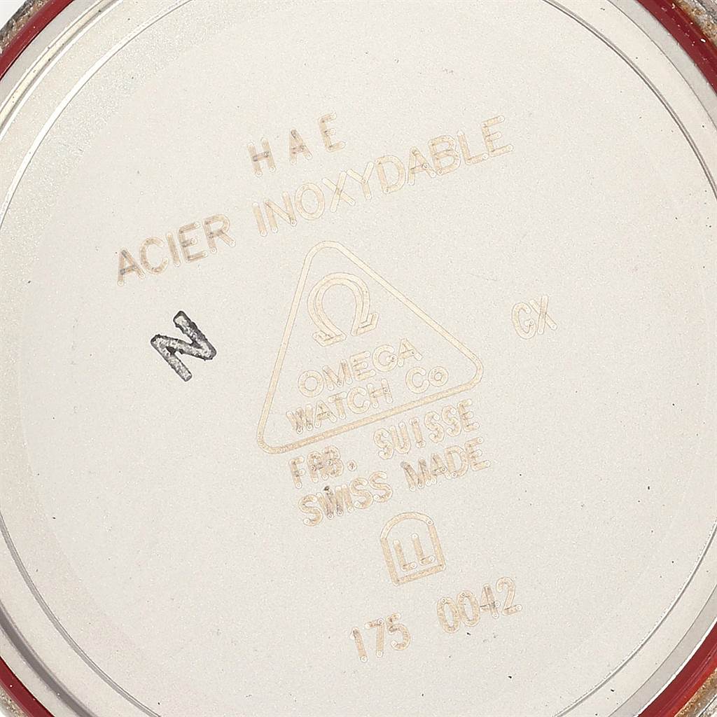 This image shows the back case of an Omega Speedmaster 3539.50.00 Men
s Stainless Steel Black Dial 3539.50.00 Men
s Stainless Steel Black Dial watch, highlighting its markings and engravings.