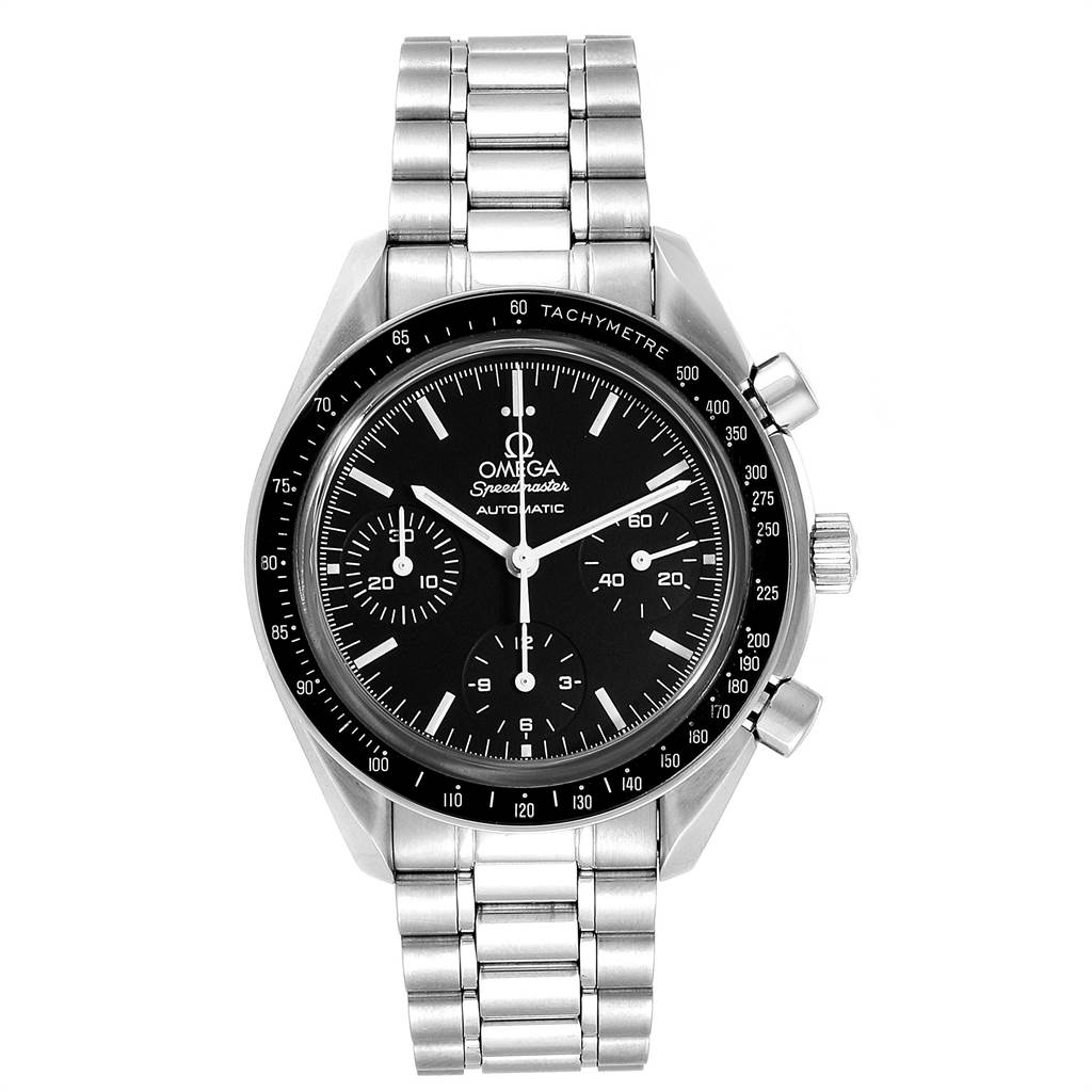 This image shows a front view of an Omega Speedmaster 3539.50.00 Men
s Stainless Steel Black Dial 3539.50.00 Men
s Stainless Steel Black Dial watch, displaying its dial, bezel, and metallic bracelet.