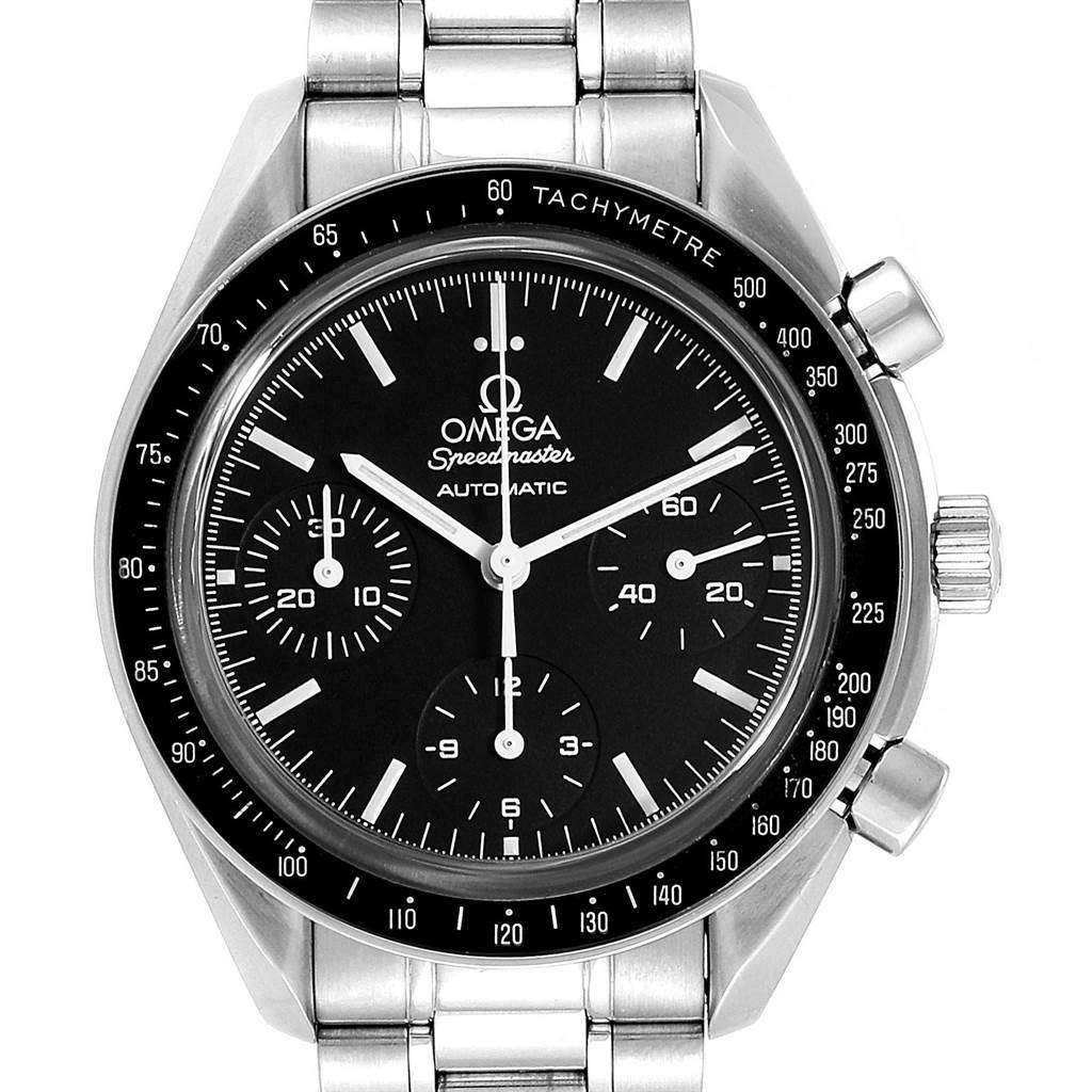 The image shows a frontal view of the Omega Speedmaster 3539.50.00 Men
s Stainless Steel Black Dial 3539.50.00 Men
s Stainless Steel Black Dial watch, highlighting the dial, bezel, and metal bracelet.