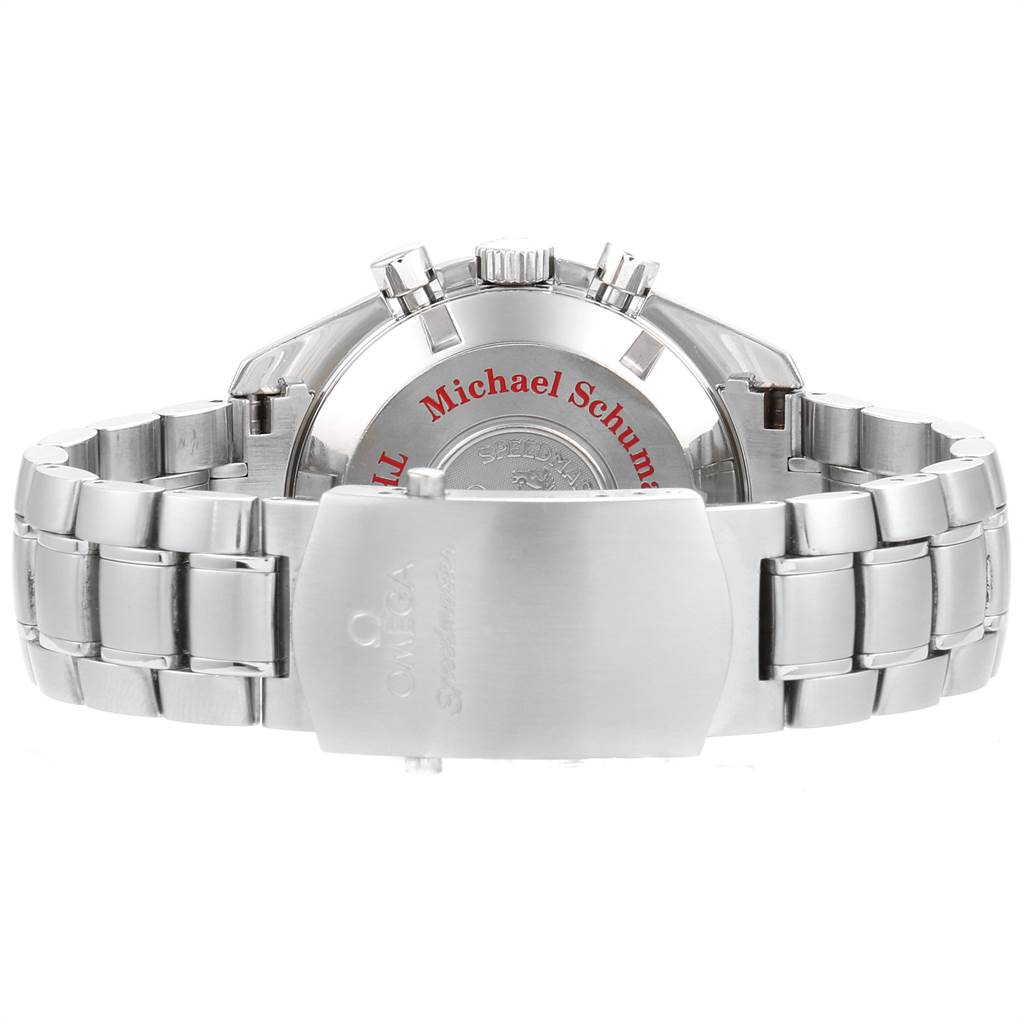 The image shows the back view of an Omega Speedmaster 3507.51.00 Men
s Stainless Steel Black Dial 3507.51.00 Men
s Stainless Steel Black Dial watch, highlighting the clasp, bracelet, and case back components.