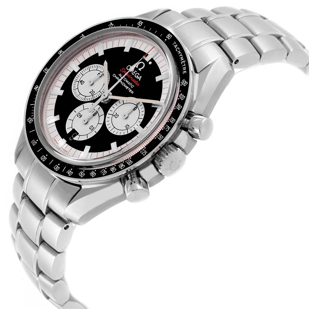 The image shows an Omega Speedmaster 3507.51.00 Men
s Stainless Steel Black Dial 3507.51.00 Men
s Stainless Steel Black Dial watch from a 3/4 angle, highlighting its dial, tachymeter bezel, crown, pushers, and metal bracelet.