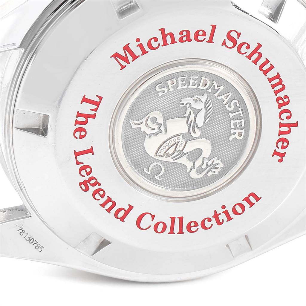 The image shows the case back of an Omega Speedmaster 3507.51.00 Men
s Stainless Steel Black Dial 3507.51.00 Men
s Stainless Steel Black Dial watch from "The Legend Collection."