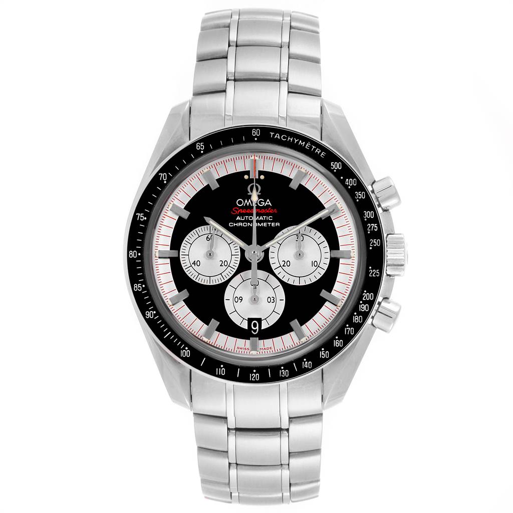 This image shows a front view of the Omega Speedmaster 3507.51.00 Men
s Stainless Steel Black Dial 3507.51.00 Men
s Stainless Steel Black Dial watch, displaying its face, bezel, and stainless steel bracelet.