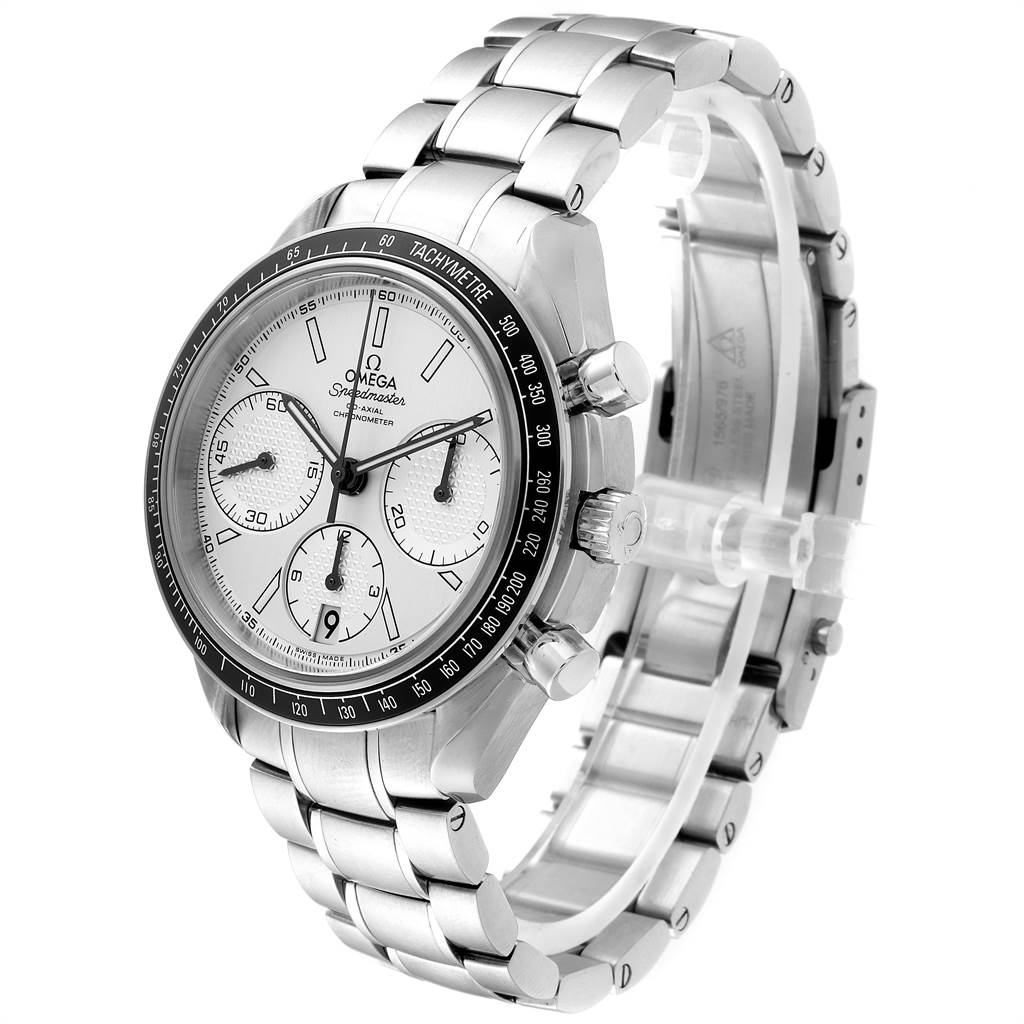 The Omega Speedmaster 326.30.40.50.02.001 Men
s Stainless Steel Silver Dial 326.30.40.50.02.001 Men
s Stainless Steel Silver Dial watch is shown at a three-quarter angle, highlighting its face, bezel, and stainless steel bracelet.