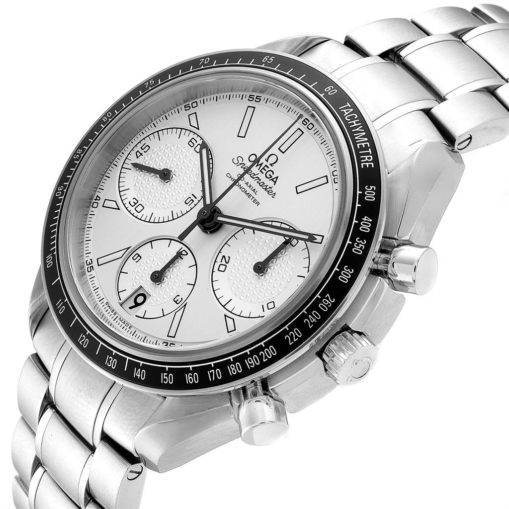The Omega Speedmaster 326.30.40.50.02.001 Men
s Stainless Steel Silver Dial 326.30.40.50.02.001 Men
s Stainless Steel Silver Dial watch is shown at an angle, highlighting its dial, subdials, tachymeter, and stainless steel bracelet.