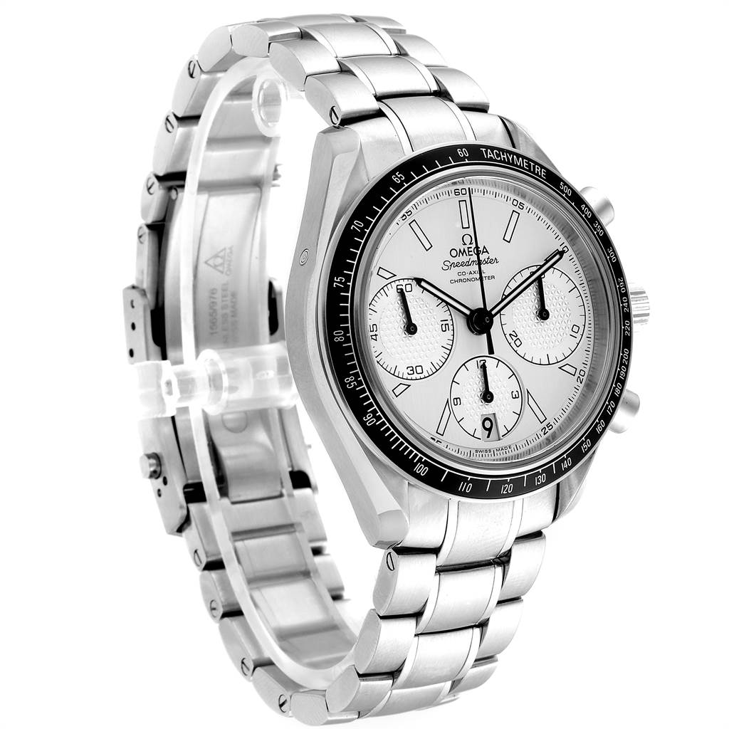The image shows a side angle of the Omega Speedmaster 326.30.40.50.02.001 Men
s Stainless Steel Silver Dial 326.30.40.50.02.001 Men
s Stainless Steel Silver Dial watch, highlighting its face, tachymeter bezel, and metal bracelet.