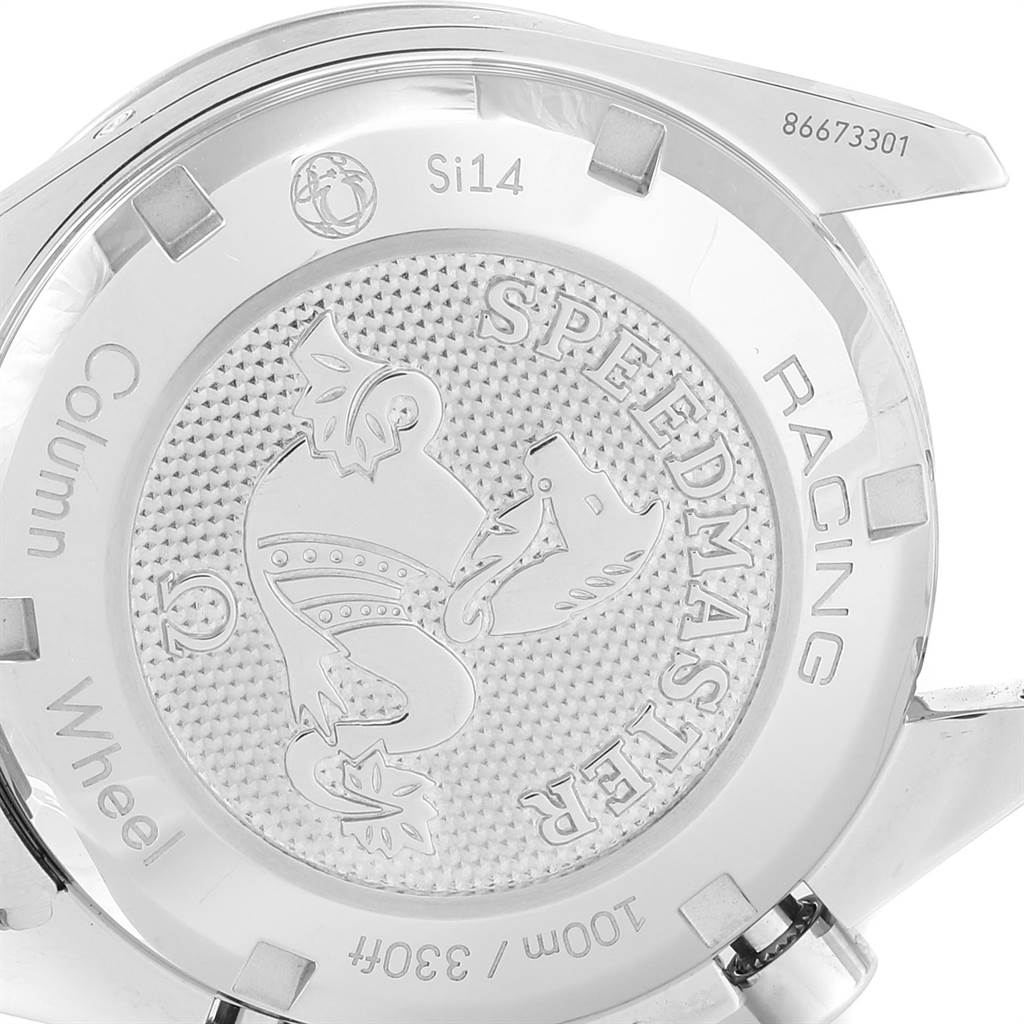 The image shows the back case of the Omega Speedmaster 326.30.40.50.02.001 Men
s Stainless Steel Silver Dial 326.30.40.50.02.001 Men
s Stainless Steel Silver Dial Racing watch, showcasing its engraved details and model information.