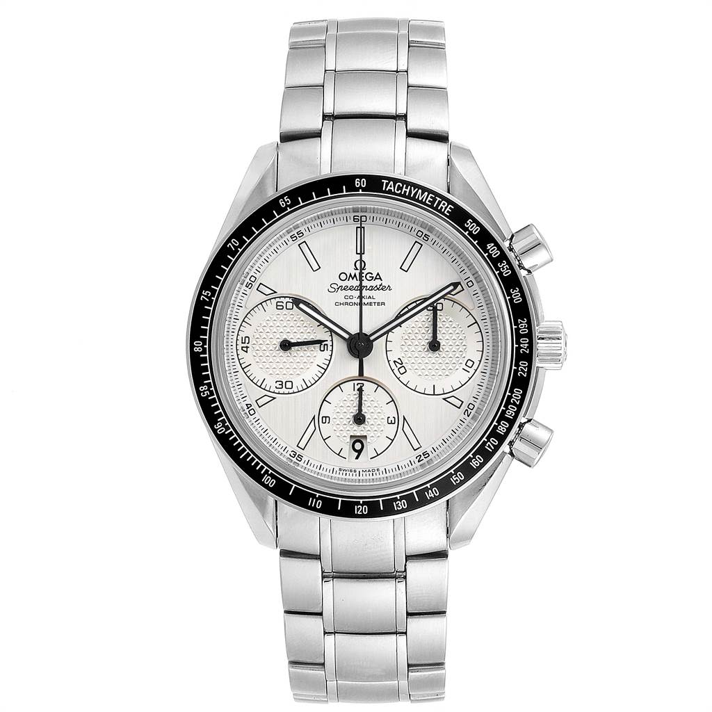 The Omega Speedmaster 326.30.40.50.02.001 Men
s Stainless Steel Silver Dial 326.30.40.50.02.001 Men
s Stainless Steel Silver Dial watch is shown from a front angle displaying its dial, bezel, and stainless steel bracelet.
