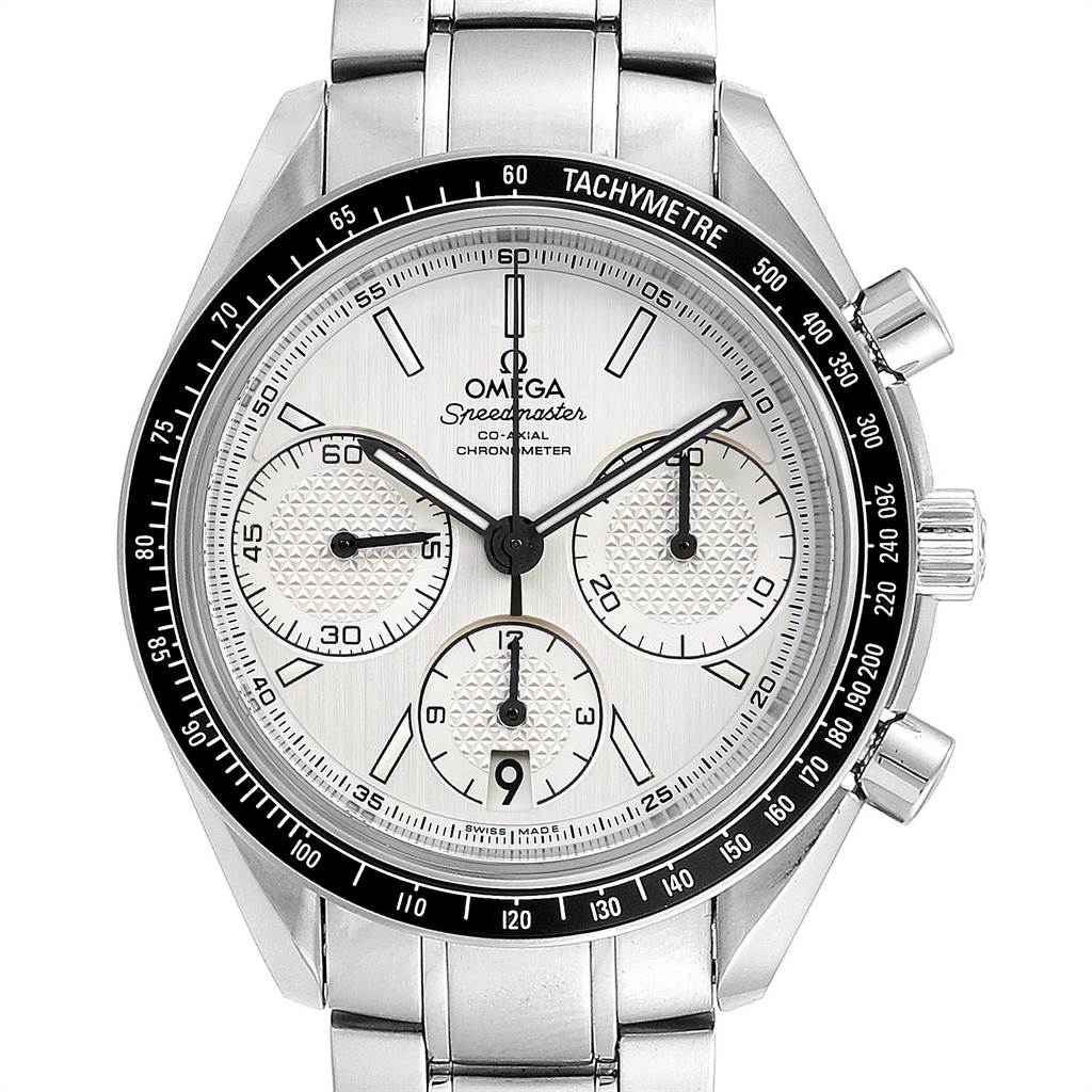 This image shows a front view of the Omega Speedmaster 326.30.40.50.02.001 Men
s Stainless Steel Silver Dial 326.30.40.50.02.001 Men
s Stainless Steel Silver Dial watch, highlighting its dial, bezel, subdials, and two pushers.