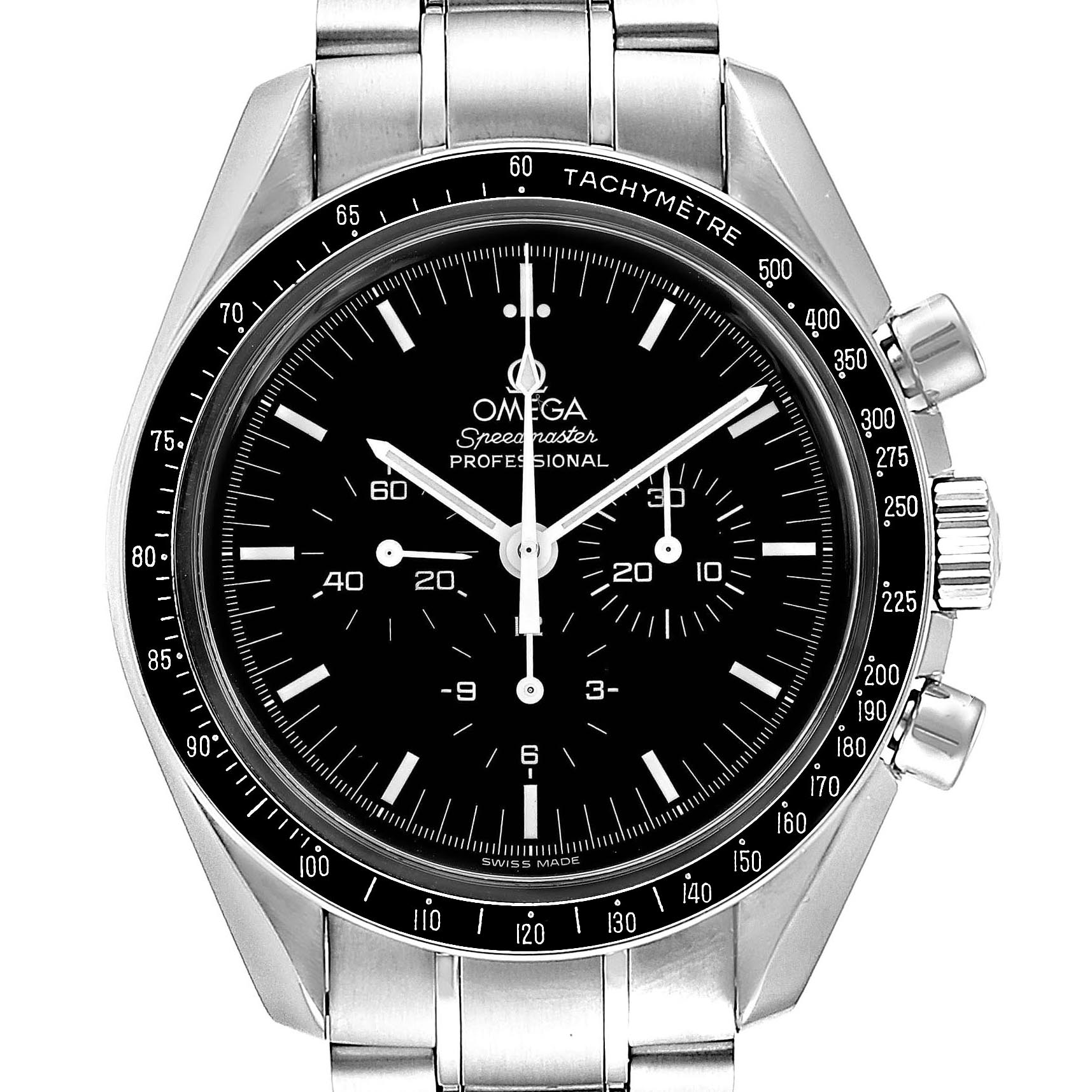 The image shows a front view of the Omega Speedmaster 3560.50.00 Men
s Stainless Steel Black Dial 3560.50.00 Men
s Stainless Steel Black Dial watch, highlighting its dial, bezel, and stainless steel bracelet.