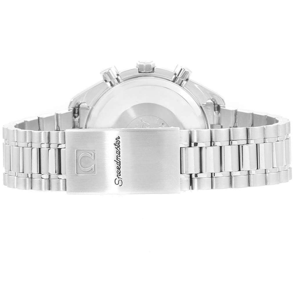 The image shows the back side of the Omega Speedmaster 3521.80.00 Men
s Stainless Steel Blue Dial 3521.80.00 Men
s Stainless Steel Blue Dial watch, focused on the clasp and part of the bracelet.