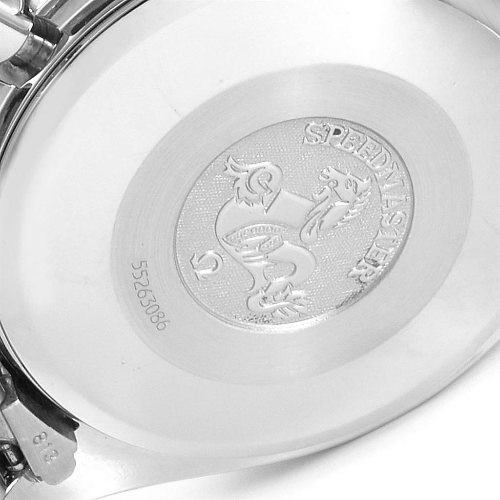 The image shows the back case of an Omega Speedmaster 3521.80.00 Men
s Stainless Steel Blue Dial 3521.80.00 Men
s Stainless Steel Blue Dial watch, highlighting the engraved emblem and model name.