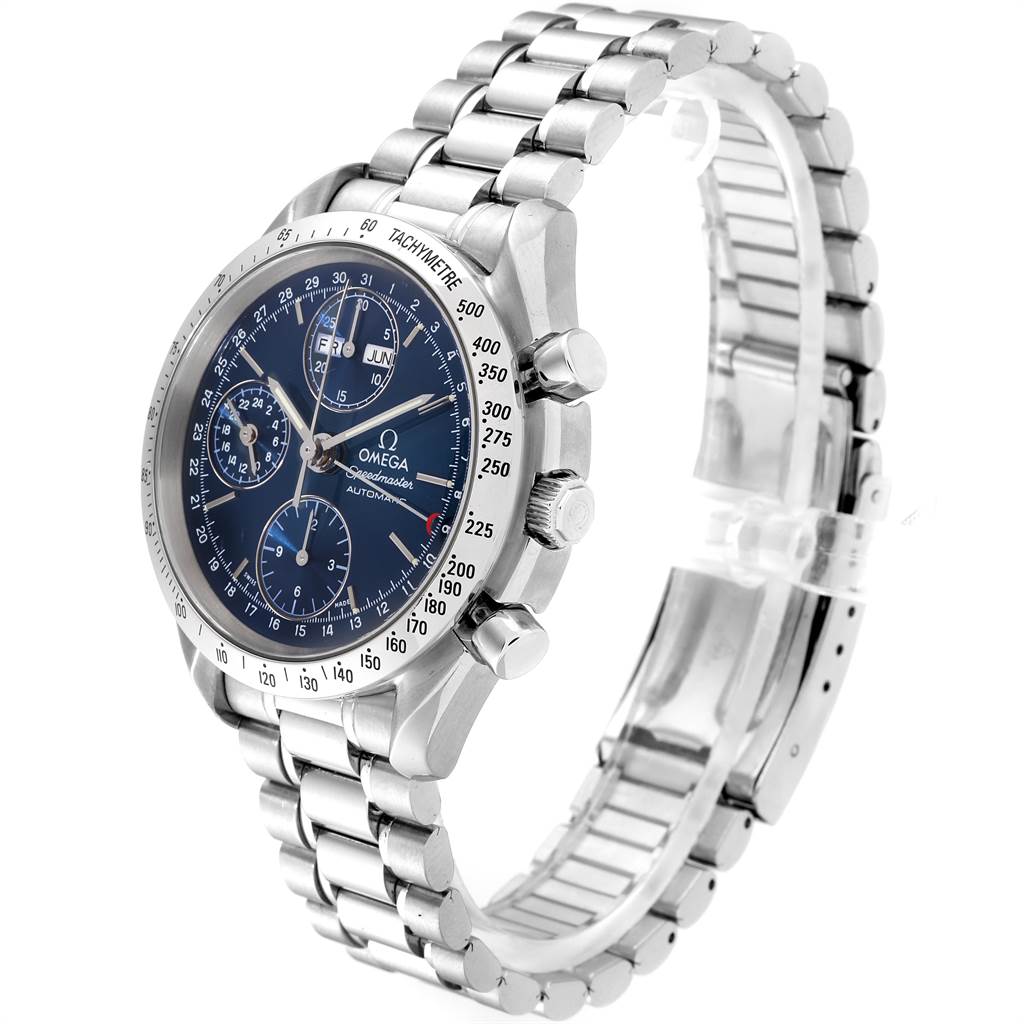 The image shows an Omega Speedmaster 3521.80.00 Men
s Stainless Steel Blue Dial 3521.80.00 Men
s Stainless Steel Blue Dial watch at a three-quarter angle, highlighting the face, bezel, pushers, and stainless steel bracelet.
