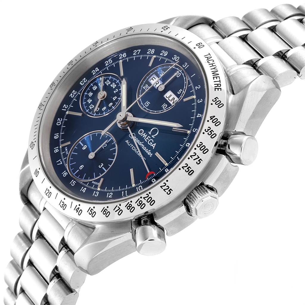 This image shows the Omega Speedmaster 3521.80.00 Men
s Stainless Steel Blue Dial 3521.80.00 Men
s Stainless Steel Blue Dial watch at an oblique angle, highlighting the face, crown, pushers, and part of the bracelet.