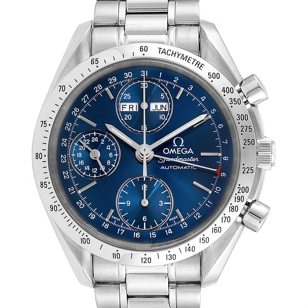 The Omega Speedmaster 3521.80.00 Men
s Stainless Steel Blue Dial 3521.80.00 Men
s Stainless Steel Blue Dial watch is shown from a front angle, displaying the dial, bezel, pushers, and part of the bracelet.