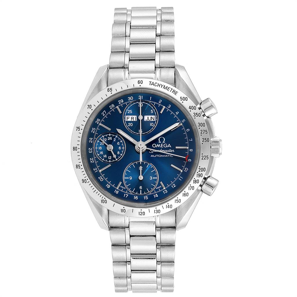 This image displays a top view of an Omega Speedmaster 3521.80.00 Men
s Stainless Steel Blue Dial 3521.80.00 Men
s Stainless Steel Blue Dial watch featuring its dial, tachymeter bezel, and metal bracelet.