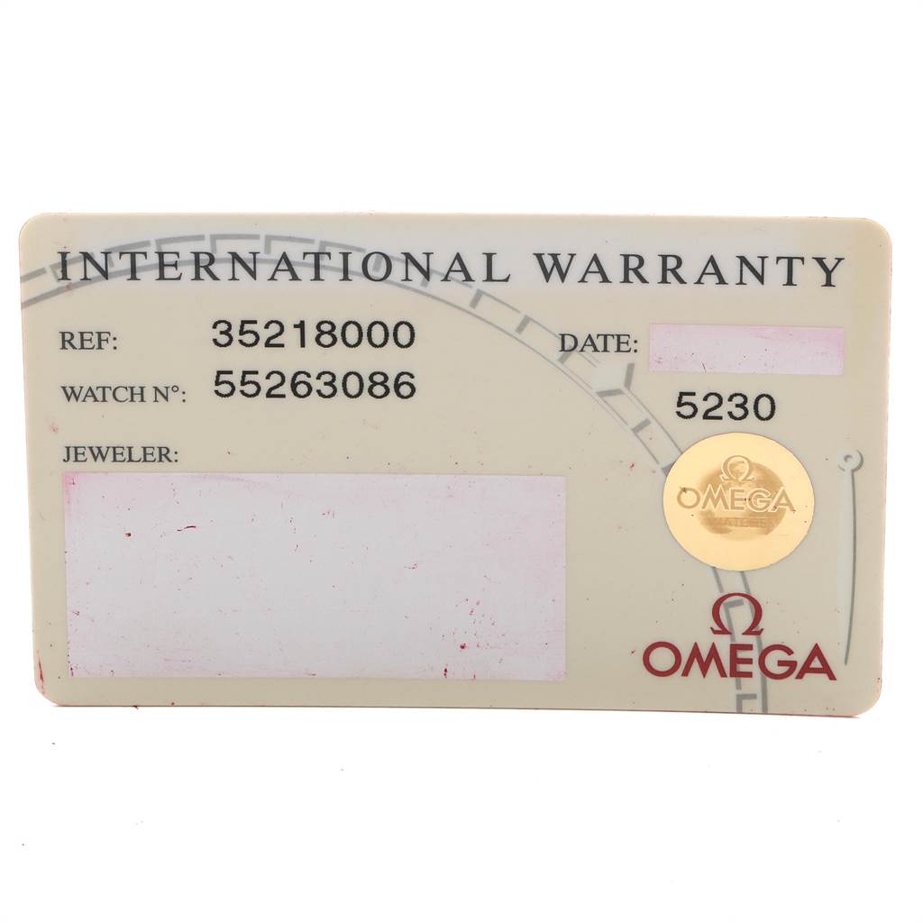 This image shows the international warranty card for an Omega Speedmaster 3521.80.00 Men
s Stainless Steel Blue Dial 3521.80.00 Men
s Stainless Steel Blue Dial watch, with reference and serial numbers.
