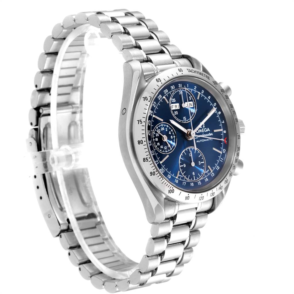 This Omega Speedmaster 3521.80.00 Men
s Stainless Steel Blue Dial 3521.80.00 Men
s Stainless Steel Blue Dial watch is shown at an angle displaying the face, bezel, and part of the stainless steel bracelet.