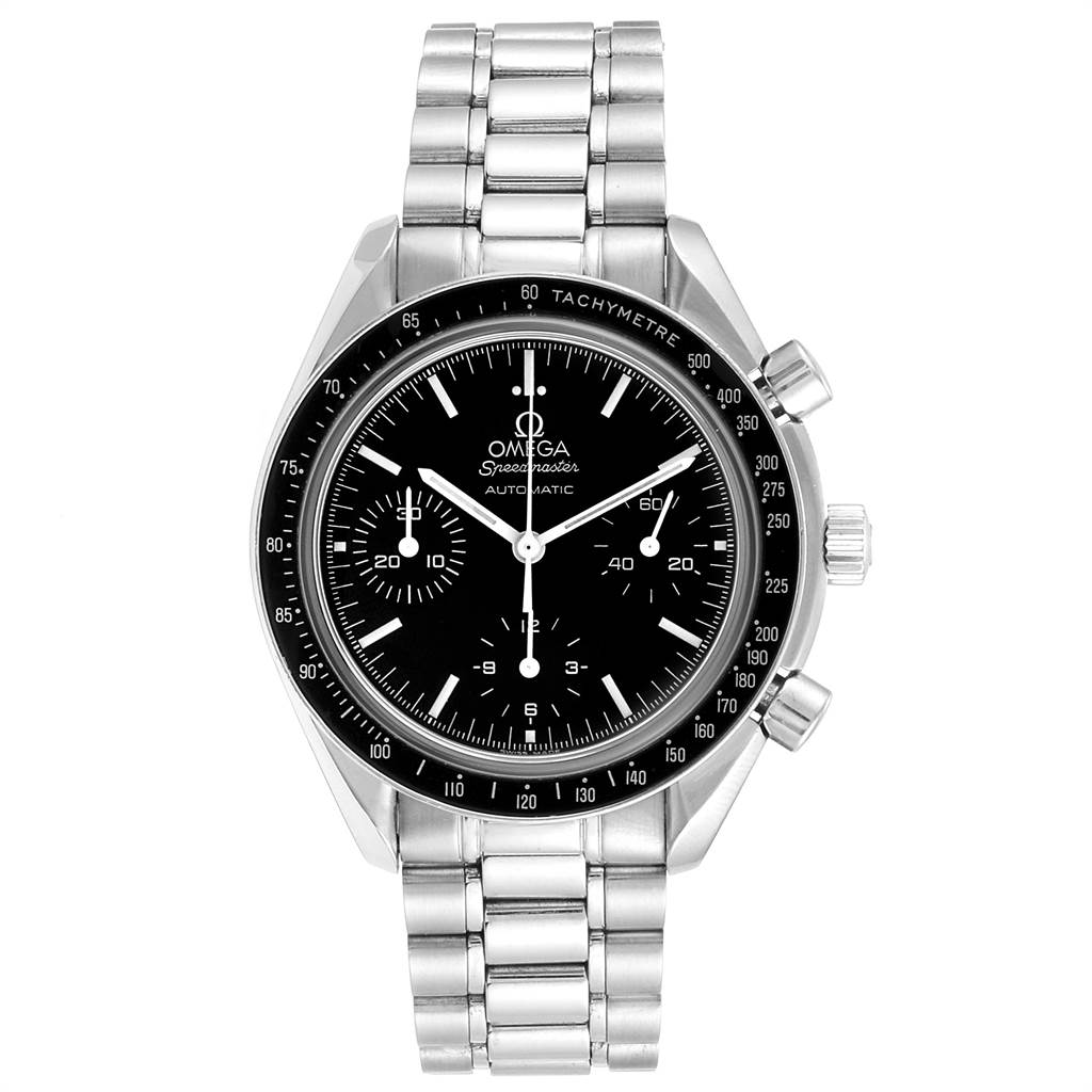 The image shows a front view of the Omega Speedmaster 3539.50.00 Men
s Stainless Steel Black Dial 3539.50.00 Men
s Stainless Steel Black Dial watch, highlighting its dial, bezel, and stainless steel bracelet.