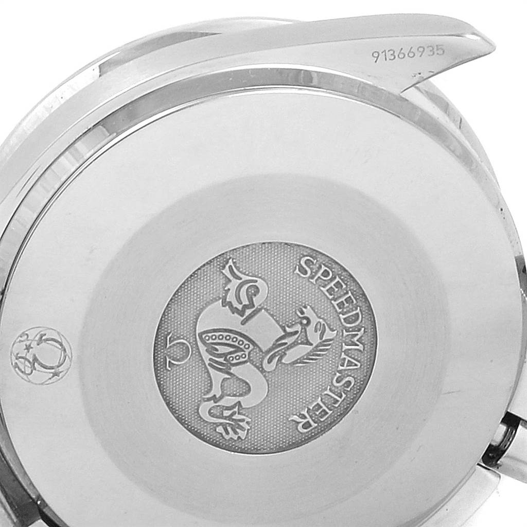 The image shows the back case of an Omega Speedmaster 3539.50.00 Men
s Stainless Steel Black Dial 3539.50.00 Men
s Stainless Steel Black Dial watch, featuring the engraved logo and serial number.