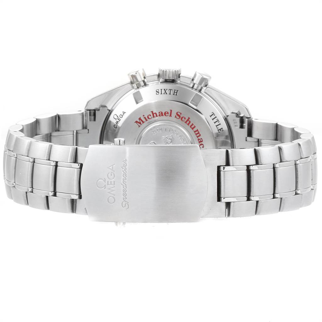 The image shows the back and clasp of an Omega Speedmaster 3559.32.00 Men's Stainless Steel Silver Dial 3559.32.00 Men's Stainless Steel Silver Dial watch with a metal bracelet.