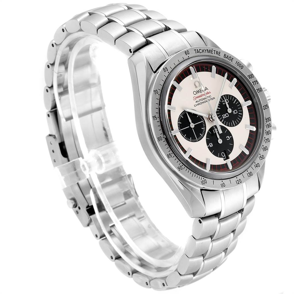 The image shows a side angle of the Omega Speedmaster 3559.32.00 Men's Stainless Steel Silver Dial 3559.32.00 Men's Stainless Steel Silver Dial watch, highlighting its face, chronograph dials, and stainless steel bracelet.