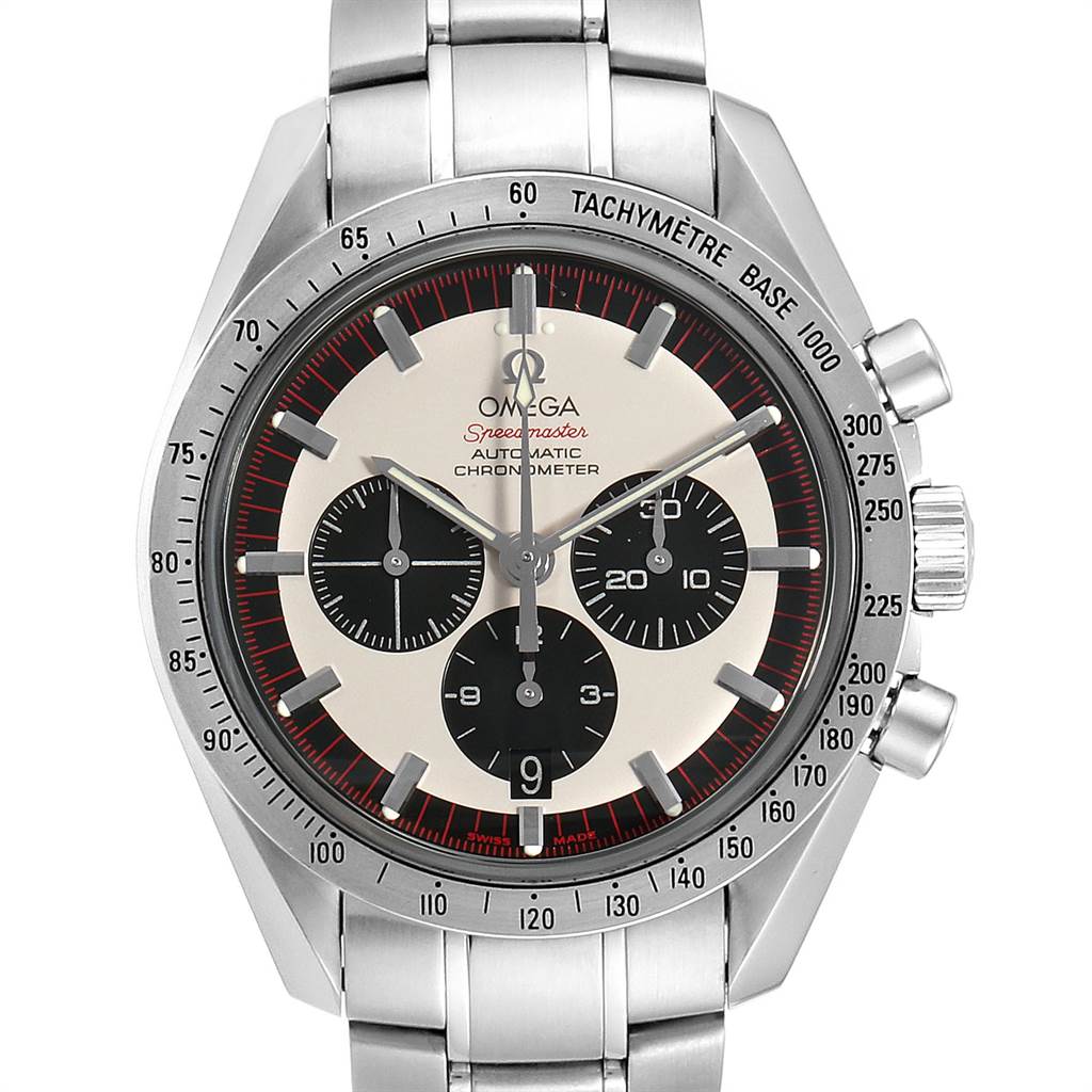 The Omega Speedmaster 3559.32.00 Men's Stainless Steel Silver Dial 3559.32.00 Men's Stainless Steel Silver Dial watch is shown from a front angle, displaying the dial, bezel, and part of the stainless steel bracelet.